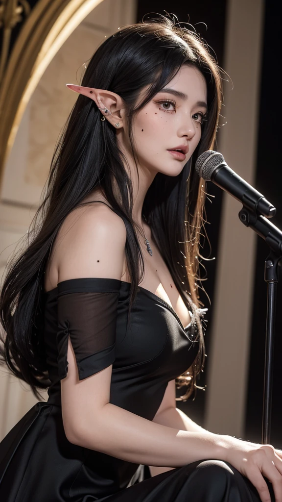 High quality, 8K Ultra HD, ((ink and painting)), ((Highest quality)), ((masterpiece)), (detailed), stage at a concert venue. A bewitching elf woman is singing. Her hair is long, black, and voluminous and loosely wavy. The eyes are black and slightly watery. ((((Large mole below the corner of the eye)))). She is wearing a long black dress. It's a sad expression. Upper body.