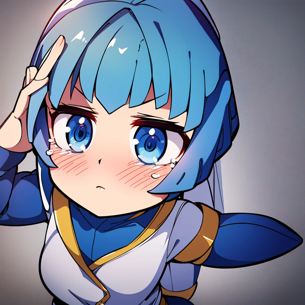 Leviathan_Megamanz, 1 Girl, looking at viewer, blue hair, Blue eyes, Simple background , Blushed , , Wedding ring, Glasses, chibi, Poster in hands , crying