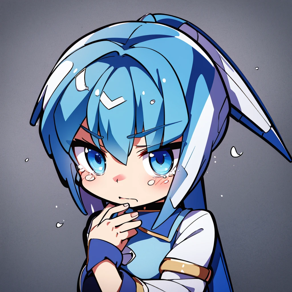 Leviathan_Megamanz, 1 Girl, looking at viewer, blue hair, Blue eyes, Simple background , Blushed , , Wedding ring, Glasses, chibi, Poster in hands , crying