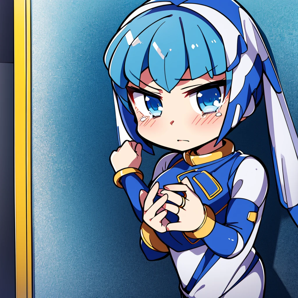 Leviathan_Megamanz, 1 Girl, looking at viewer, blue hair, Blue eyes, Simple background , Blushed ,  , Wedding ring, Glasses, chibi, Poster in hands , crying