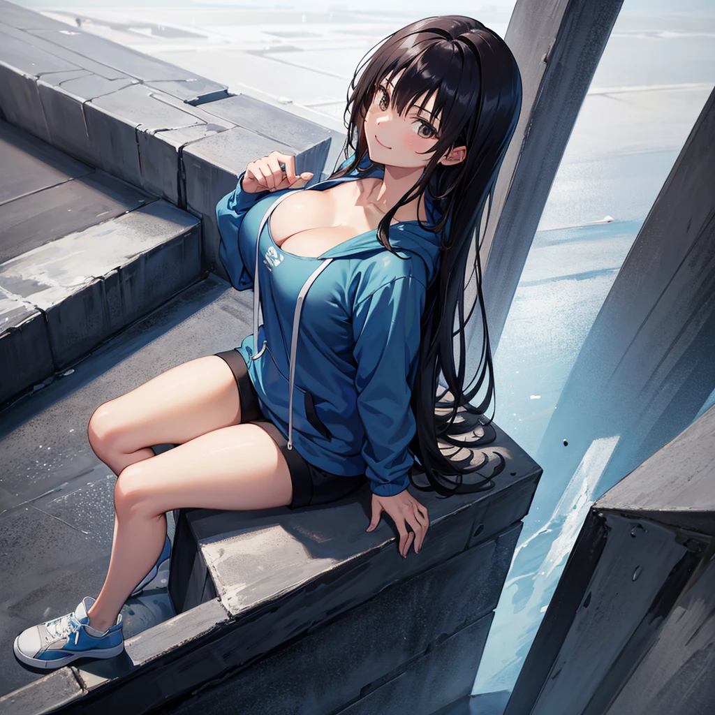 masterpiece, best quality, defYui, blue hoodie, black sweatpants, long sleeves, stairs, sitting, large breasts, from above, smile, sneakers,1girl,solo