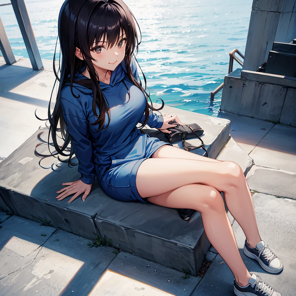 masterpiece, best quality, defYui, blue hoodie, black sweatpants, long sleeves, stairs, sitting, large breasts, from above, smile, sneakers,1girl,solo