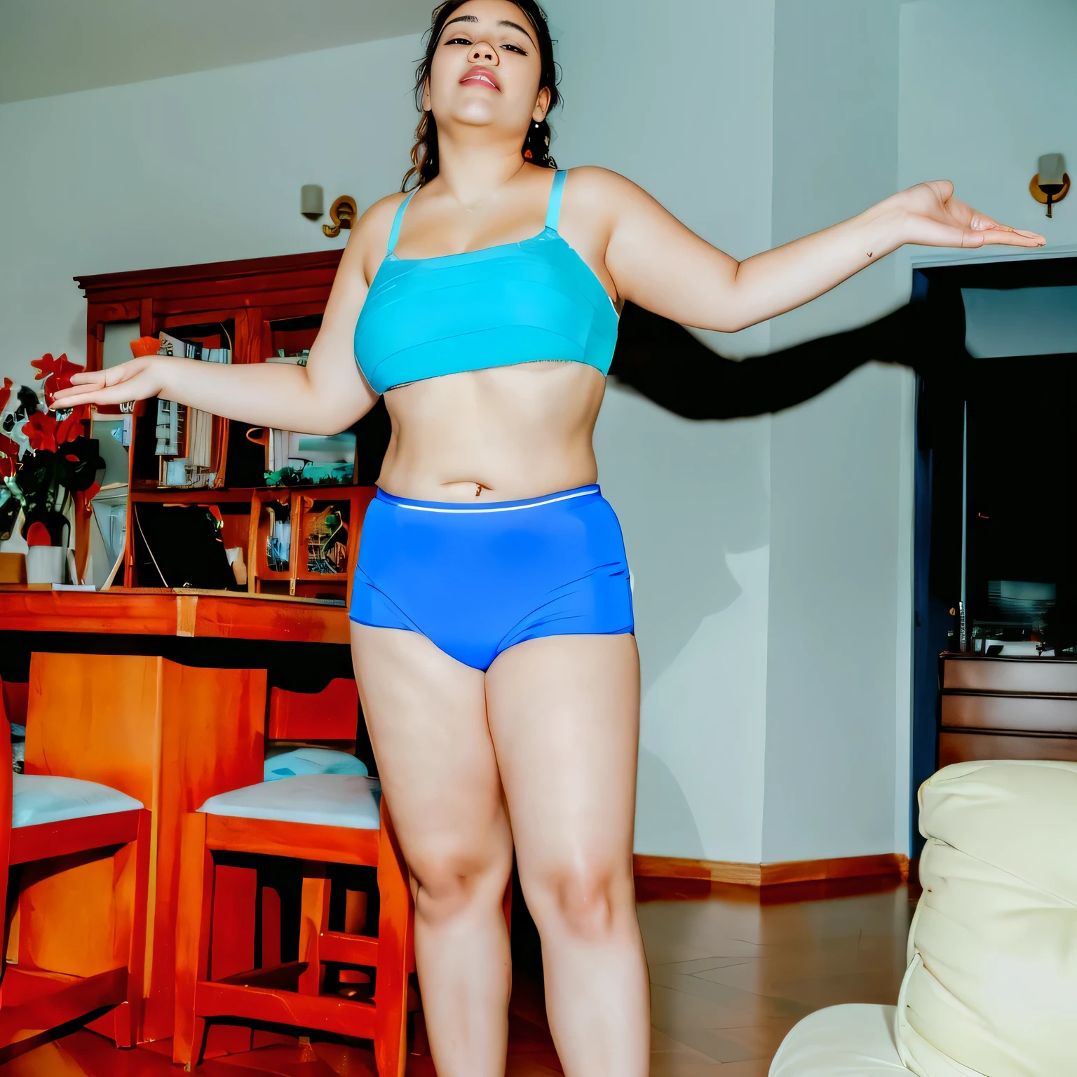 there is a woman in a blue bikini and blue panties standing in a living room, fat latin woman dancing, sport bra and dark blue shorts, blue undergarments, shot on nikon d 3 2 0 0, short robust woman, her belly button is exposed, sport bra and shorts, leaked photo, she is dancing, distorted pose, full body wide shot