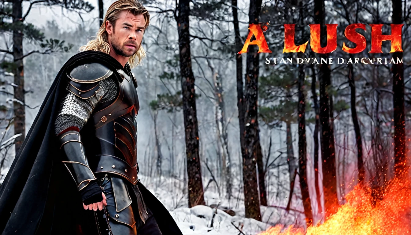 modern style movie poster, with Chris Hemsworth, long blonde hair, Roman armor, black color, rusty black cape, fight scene, hyperrealistic, snowy forest background, winter, red fog, fire, cinematic, cinematography, dark lighting, NOIR image, highly detailed, sharply focused, realistic movie poster style, dynamic shot, --chaos 10 --ar 6:5 --raw style --stylize 600