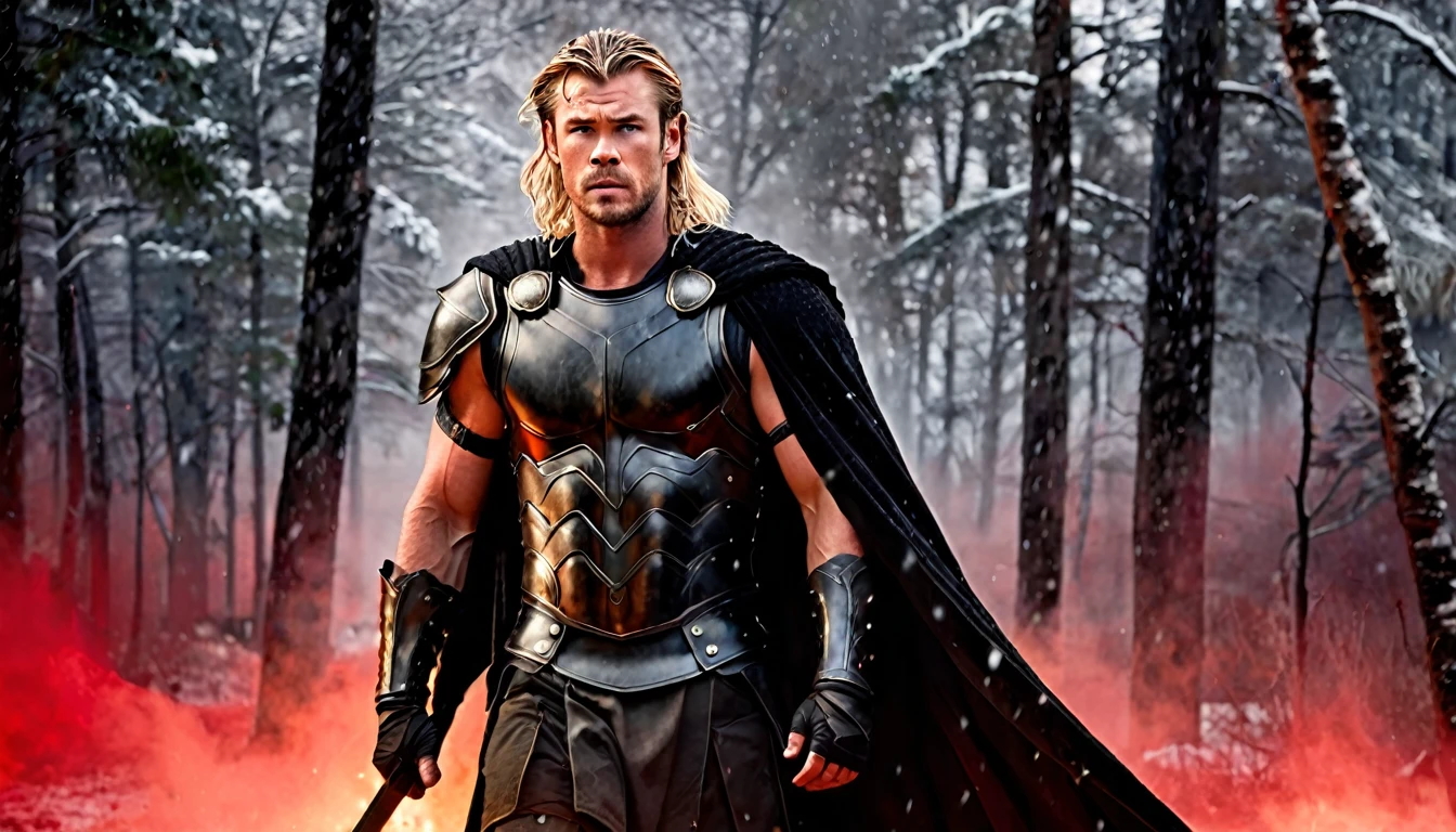 modern style movie poster, with Chris Hemsworth, long blonde hair, Roman armor, black color, rusty black cape, fight scene, hyperrealistic, snowy forest background, winter, red fog, fire, cinematic, cinematography, dark lighting, NOIR image, highly detailed, sharply focused, realistic movie poster style, dynamic shot, --chaos 10 --ar 6:5 --raw style --stylize 600