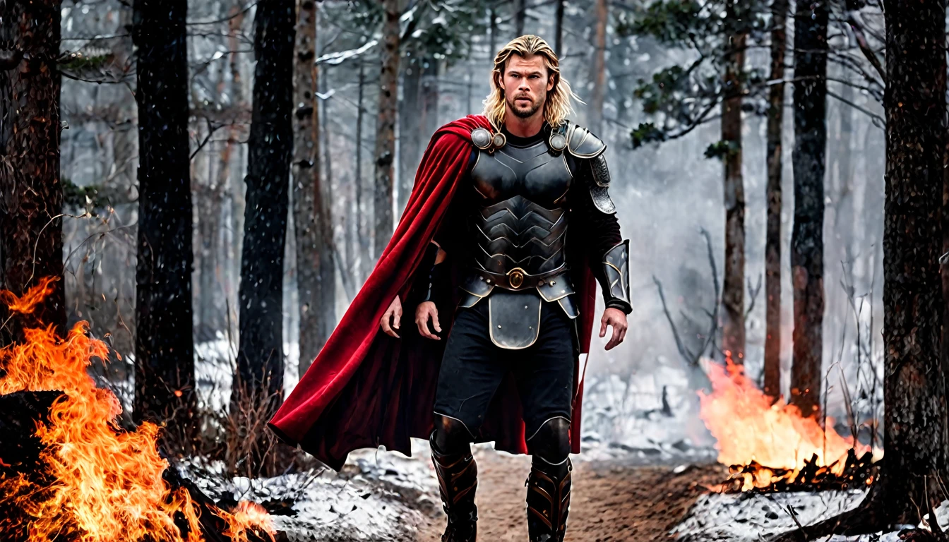 modern style movie poster, with Chris Hemsworth, long blonde hair, Roman armor, black color, rusty black cape, fight scene, hyperrealistic, snowy forest background, winter, red fog, fire, cinematic, cinematography, dark lighting, NOIR image, highly detailed, sharply focused, realistic movie poster style, dynamic shot, --chaos 10 --ar 6:5 --raw style --stylize 600
