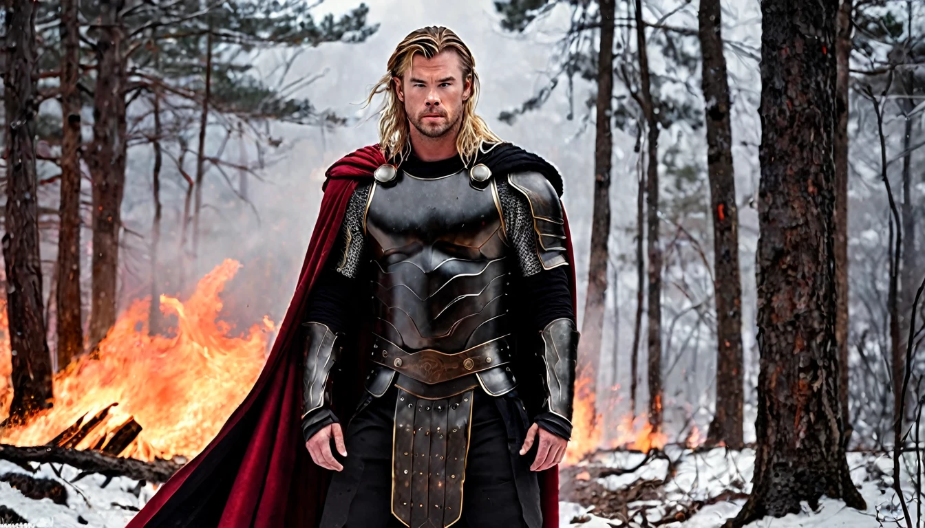 modern style movie poster, with Chris Hemsworth, long blonde hair, Roman armor, black color, rusty black cape, fight scene, hyperrealistic, snowy forest background, winter, red fog, fire, cinematic, cinematography, dark lighting, NOIR image, highly detailed, sharply focused, realistic movie poster style, dynamic shot, --chaos 10 --ar 6:5 --raw style --stylize 600