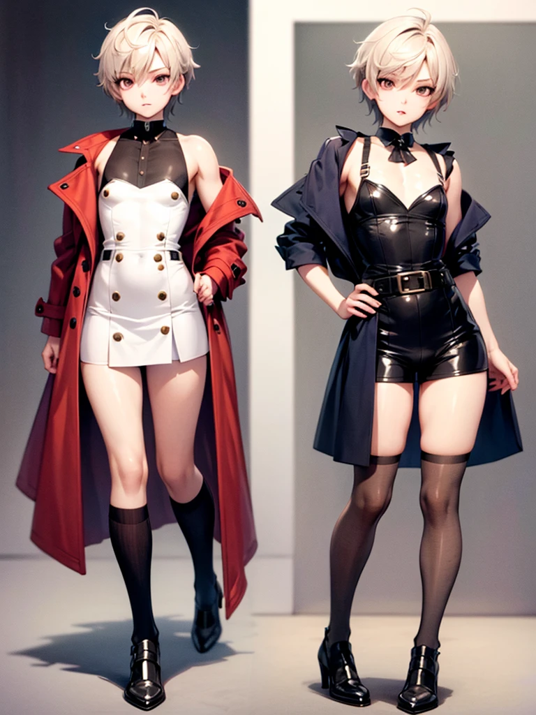 femboy, Open shoulder dress,fashion coats, short hair, shorts, Knee length socks,