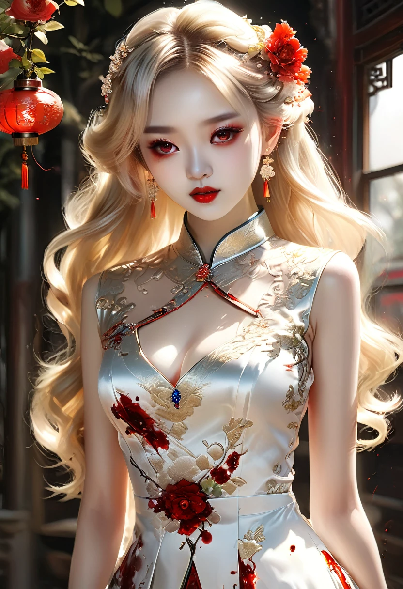 a beautiful female vampire wearing a ((blood stained: 1.5) white Cheongsam: 1.5), an extremely beautiful female vampire, ultra detailed face, blond hair, long hair, wavy hair, dark glamour make up, pale skin, red lips, (glowing red eyes: 1.2), visible (vampiric fangs: 1.2), she wears a ((blood stained white Cheongsam: 1.5)), elegant, intricate detailed Cheongsam, silk Cheongsam, small cleavage, ((Cheongsam is decorated with gems: 1.3)), she wears elegant knee high heeled boots, exquisite knee high heeled boots, there are stains of blood on the upper part of the dress, dynamic background, best details, best quality, highres, ultra wide angle, 16k, [ultra detailed], masterpiece, best quality, (extremely detailed), full body, ultra wide shot, photorealistic, fantasy art, dnd art, rpg art, realistic art, dark novel, Dark Art Painting Style