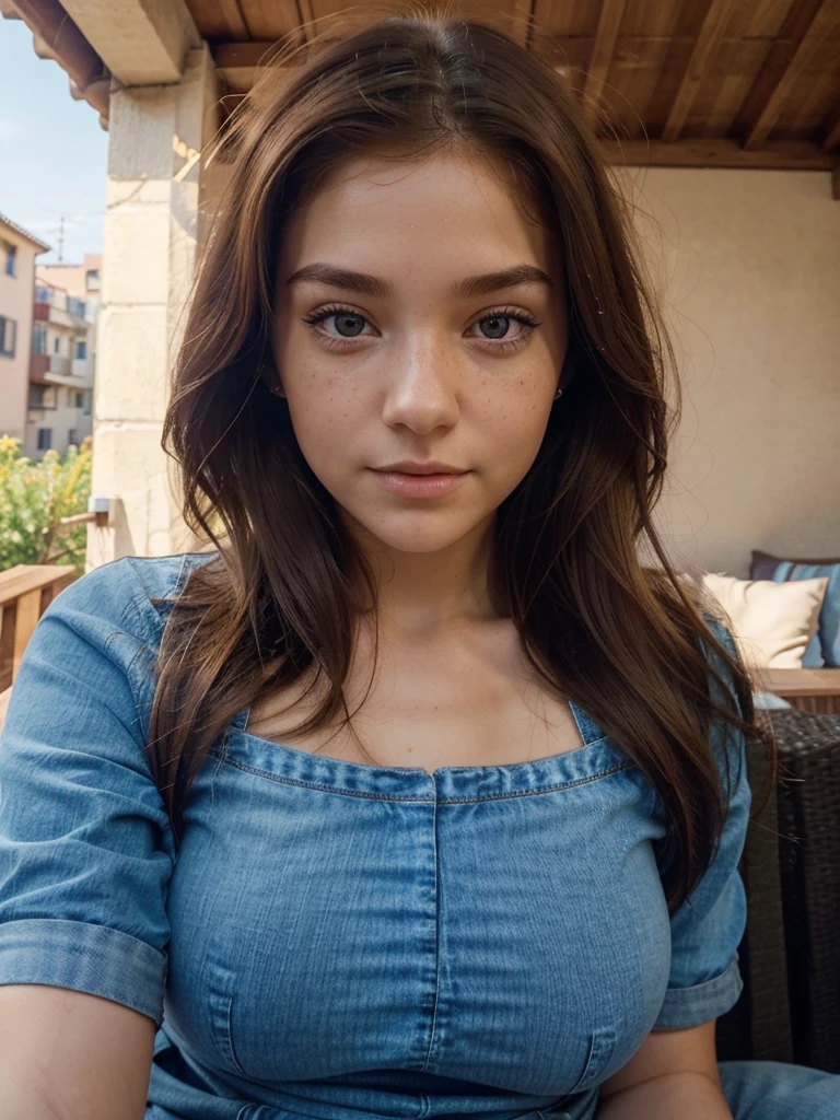 Generate: Realistic, amber haired girl
Face: brown eyes, small frekels (very low quantity), smooth small nose, ears part visible
Body: small waist, thick , hips: middle wide,
Environment: city balkony at early night
Lighting : dawn but generated person fully visible.
Wearing: ai generate:tight blue jeans
Make the face a little less smooth and add a few freckels to the nose and cheeks
Make it look like the person is taking a selfie, top down view
Make the eyes a litte smaller and more realistic
Aigenerate: red tshirt, cut out v-line
