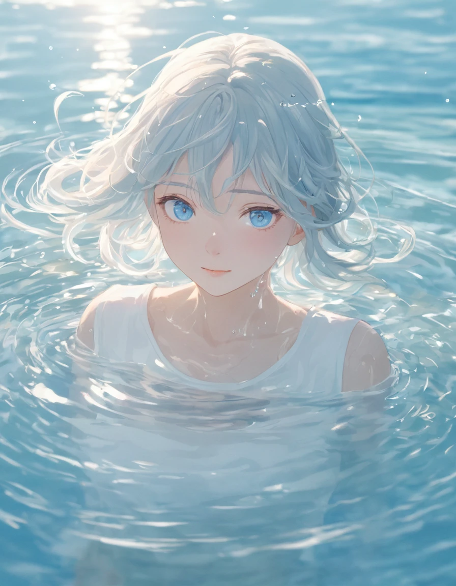 Anime style female character in water, (Kind expression:1.1), blue colored eyes, white top, (rippling effect of water around the body:1.3), sunlight reflecting on the water, Clear sky, subtle splashes of water, high-resolution digital art, soft color palette, atmosfera tranquila, (serene ocean background:1.1), Realistic water texture
