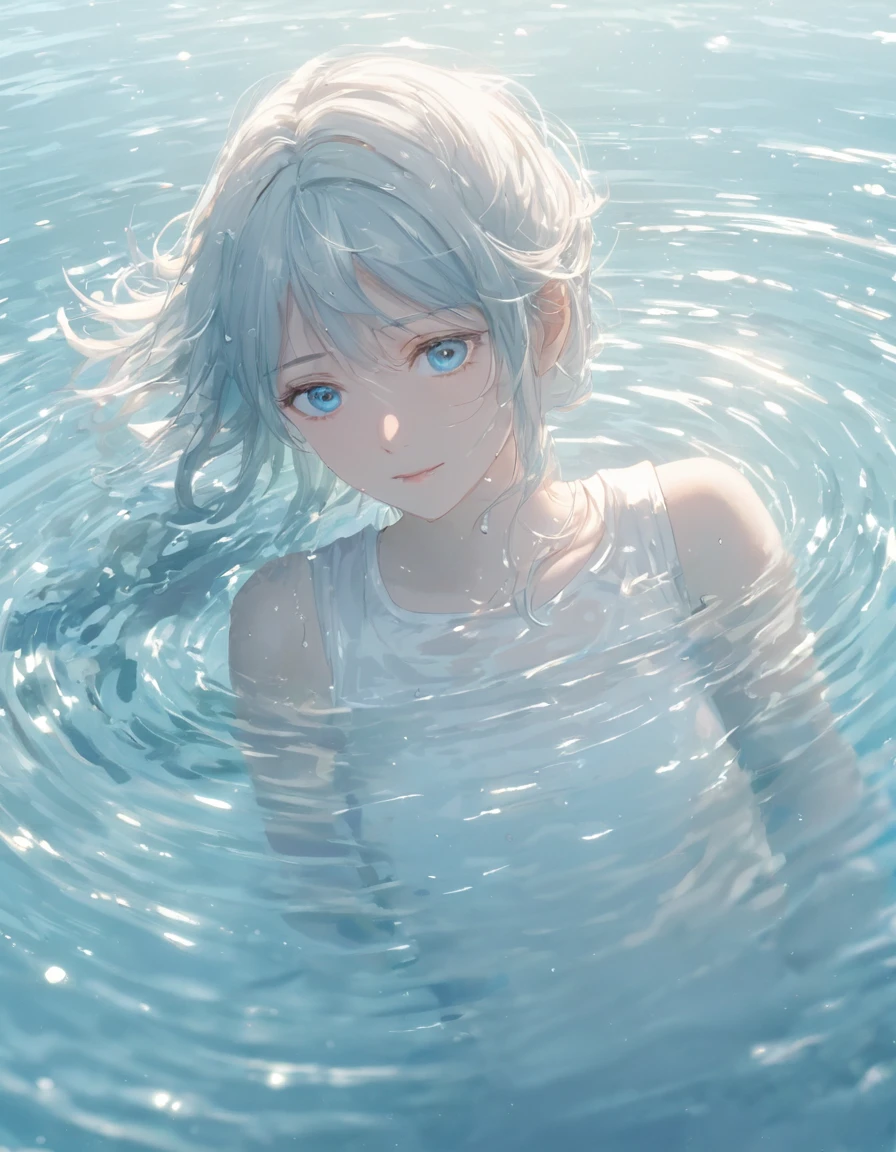 Anime style female character in water, (Kind expression:1.1), blue colored eyes, white top, (rippling effect of water around the body:1.3), sunlight reflecting on the water, Clear sky, subtle splashes of water, high-resolution digital art, soft color palette, atmosfera tranquila, (serene ocean background:1.1), Realistic water texture
