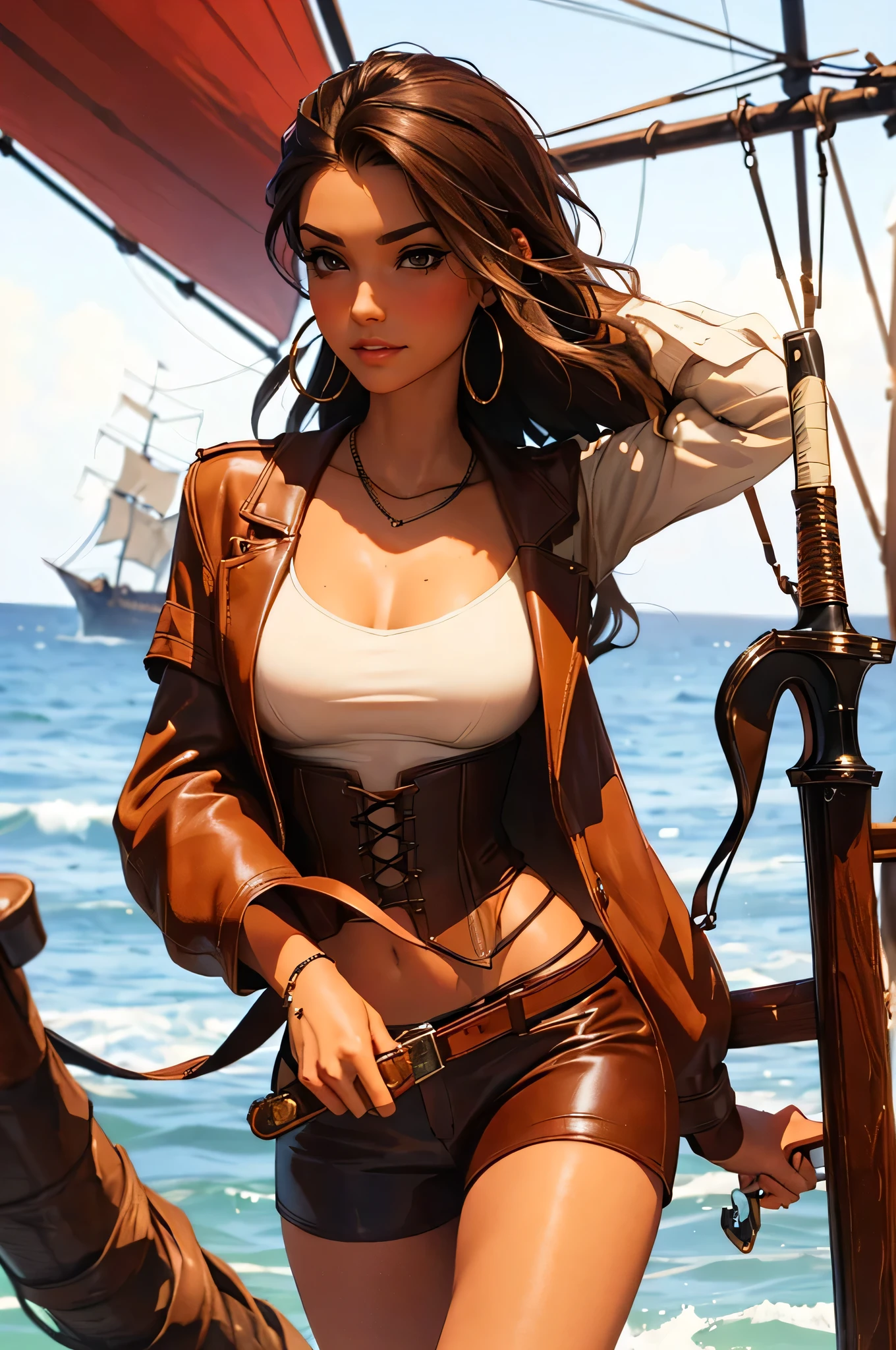 (masterpiece), best quality, expressive eyes, perfect face, (pirate ship background), (standing), (smirk), (closeup view), (1girl, vanessa alessia, dark skin, tanned skin, brown hair, wavy hairstyle, brown eyes, hourglass figure, thin body, skinny body, petite_body, medium breasts, thick thighs, long fingernails, , white front lace blouse, long sleeve, loose fit, brown leather corset, brown leather shorts, brown boots, sheathed cutlass sword, flintlock pistol in holster, hoop earrings, miscellaneous jewelry)