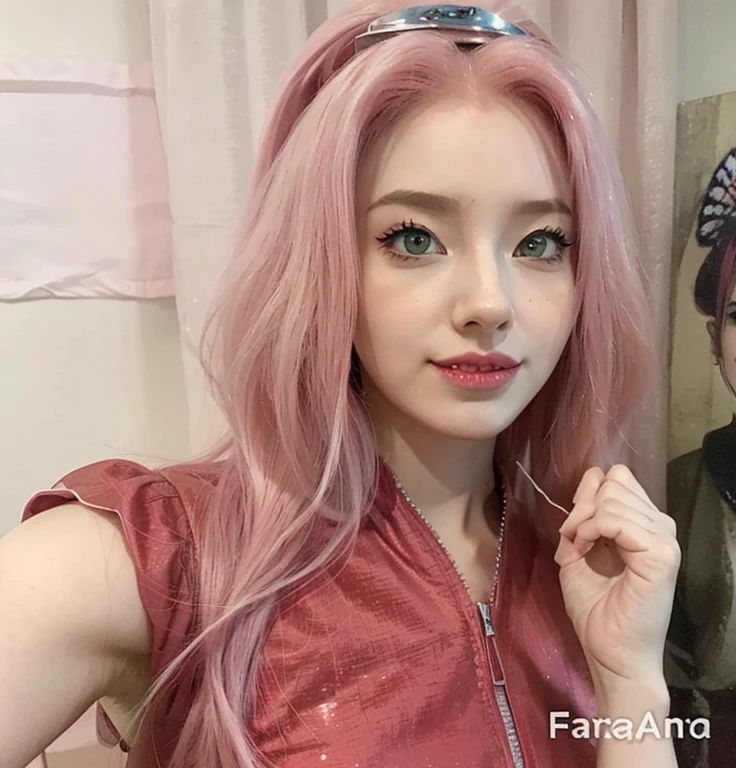 young woman pale skin, long bubblegum pink hair, pink eyebrows, big jade green eyes, buttoned nose, peach lips, small breasts, wide forehead, flower and butterfly kimono, Sakura Haruno, realistic, 3d
