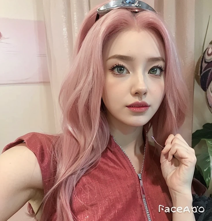 young woman pale skin, long bubblegum pink hair, pink eyebrows, big jade green eyes, buttoned nose, peach lips, small breasts, wide forehead, flower and butterfly kimono, Sakura Haruno, realistic, 3d