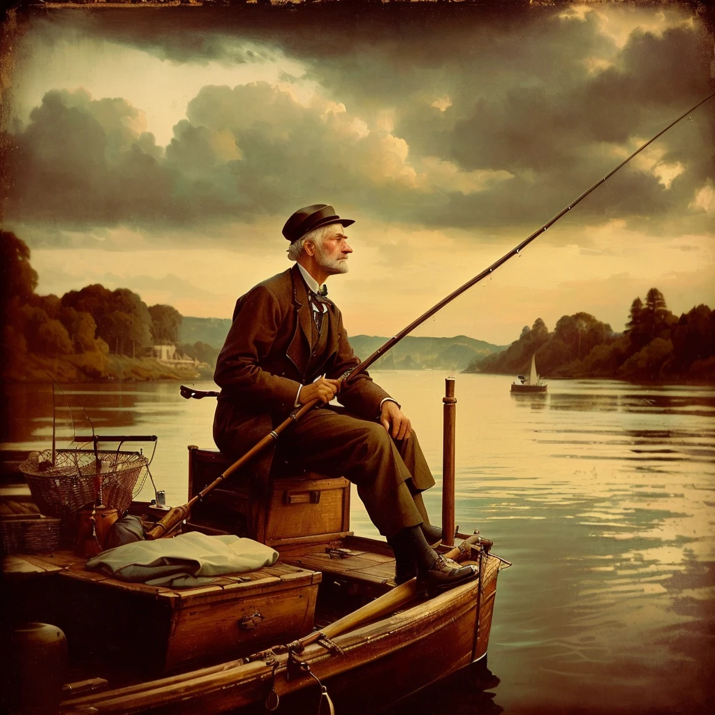 there is a man sitting on a boat with a fishing pole, fisherman, by Artur Tarnowski, inspired by Luc-Olivier Merson, by Marius Borgeaud, by Luc-Olivier Merson, old photo style, victorian era, by Etienne Delessert, by Grzegorz Domaradzki, inspired by William Crosbie