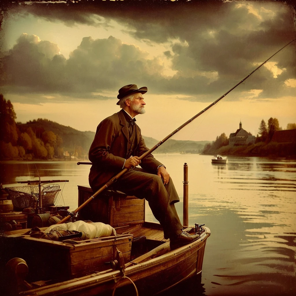 there is a man sitting on a boat with a fishing pole, fisherman, by Artur Tarnowski, inspired by Luc-Olivier Merson, by Marius Borgeaud, by Luc-Olivier Merson, old photo style, victorian era, by Etienne Delessert, by Grzegorz Domaradzki, inspired by William Crosbie