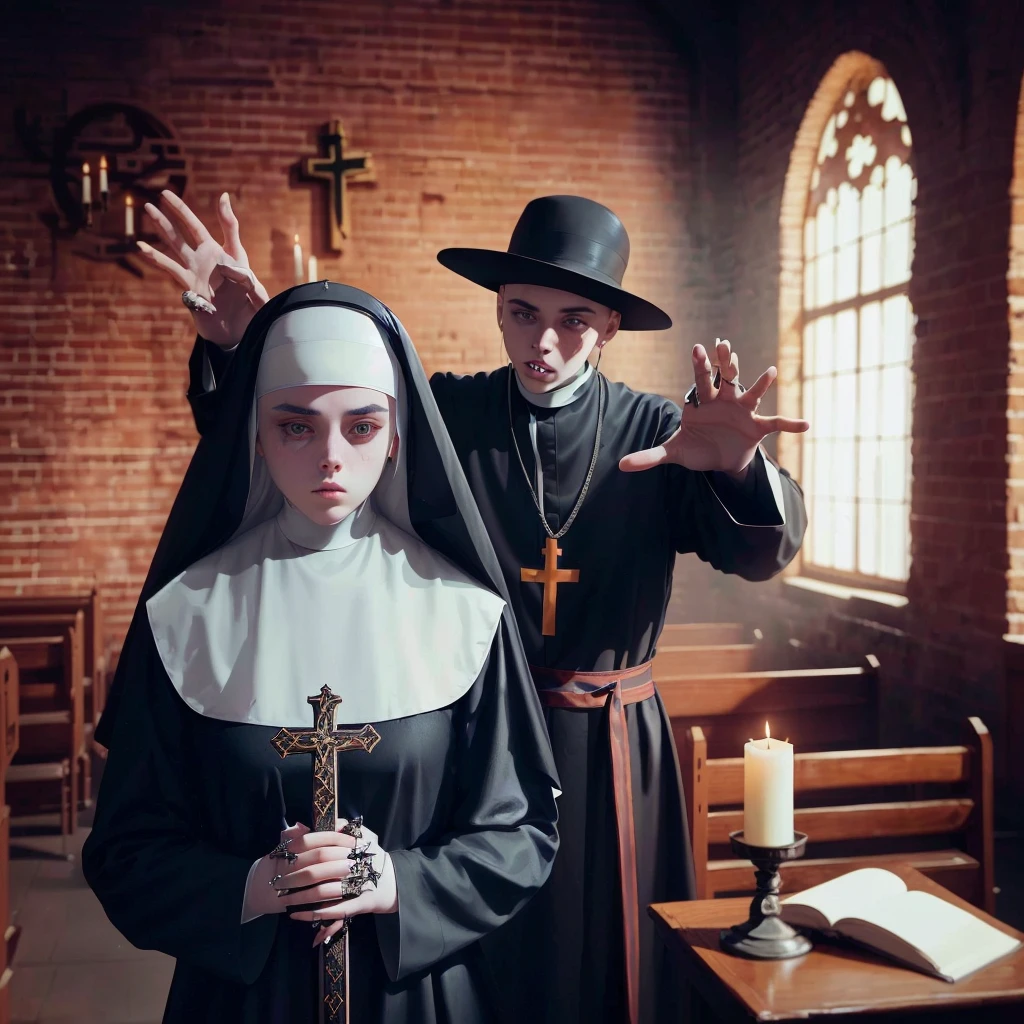 nun and priest in church with candles and cross in foreground, nun fashion model, nun outfit, billie eilish as a sad nun, nun fashion model looking up, billie eilish as a nun, nun, two hovering twin nuns, an evil nun, levitating twin nuns, the conjuring style, an evil catholic priest, in a church. arstation, religious robes