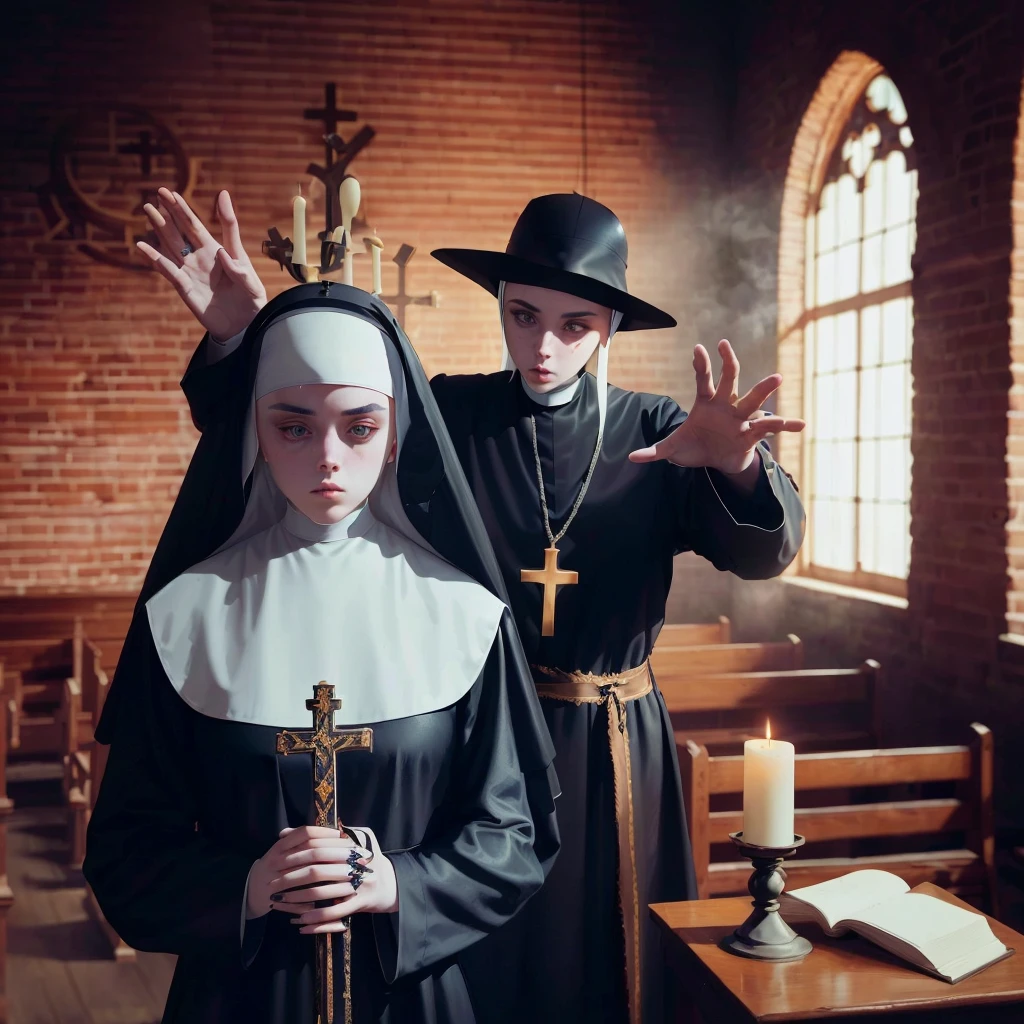 nun and priest in church with candles and cross in foreground, nun fashion model, nun outfit, billie eilish as a sad nun, nun fashion model looking up, billie eilish as a nun, nun, two hovering twin nuns, an evil nun, levitating twin nuns, the conjuring style, an evil catholic priest, in a church. arstation, religious robes