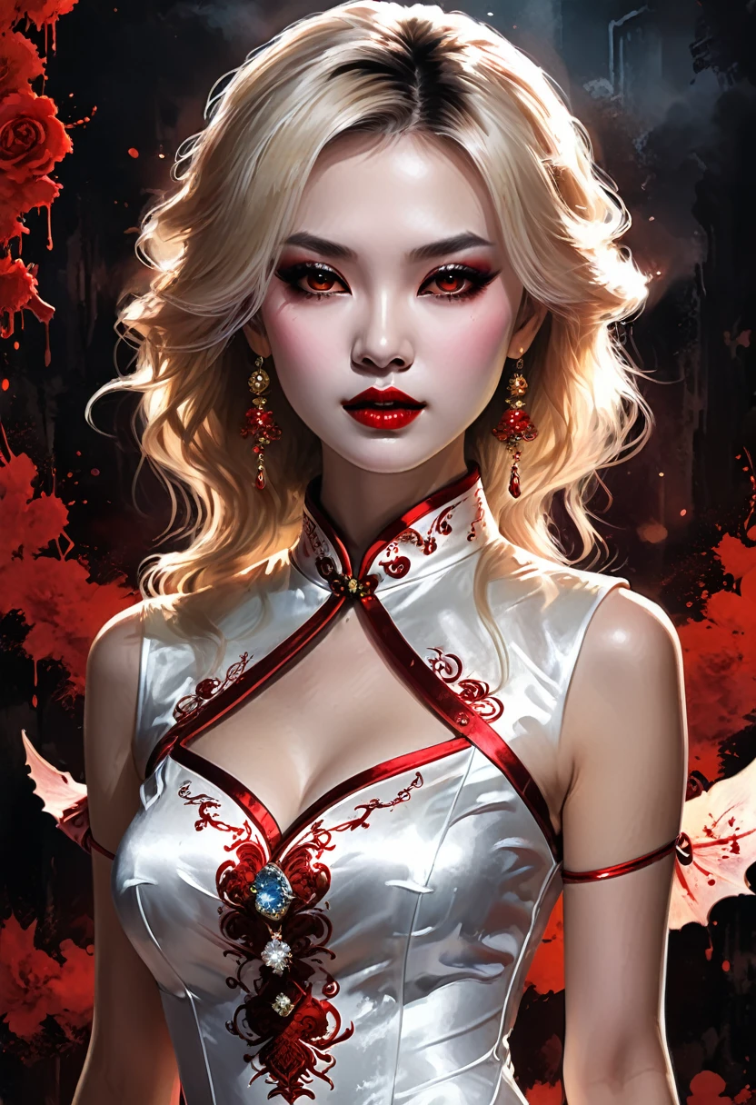 a beautiful female vampire wearing a ((blood stained: 1.5) white Cheongsam: 1.5), an extremely beautiful female vampire, ultra detailed face, blond hair, long hair, wavy hair, dark glamour make up, pale skin, red lips, (glowing red eyes: 1.2), visible (vampiric fangs: 1.2), she wears a ((blood stained white Cheongsam: 1.5)), elegant, intricate detailed Cheongsam, silk Cheongsam, small cleavage, ((Cheongsam is decorated with gems: 1.3)), she wears elegant knee high heeled boots, exquisite knee high heeled boots, there are stains of blood on the upper part of the dress, dynamic background, best details, best quality, highres, ultra wide angle, 16k, [ultra detailed], masterpiece, best quality, (extremely detailed), full body, ultra wide shot, photorealistic, fantasy art, dnd art, rpg art, realistic art, dark novel,