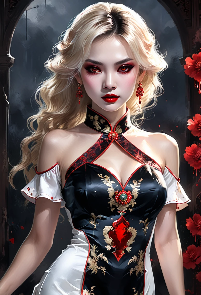 a beautiful female vampire wearing a ((blood stained: 1.5) white Cheongsam: 1.5), an extremely beautiful female vampire, ultra detailed face, blond hair, long hair, wavy hair, dark glamour make up, pale skin, red lips, (glowing red eyes: 1.2), visible (vampiric fangs: 1.2), she wears a ((blood stained white Cheongsam: 1.5)), elegant, intricate detailed Cheongsam, silk Cheongsam, small cleavage, ((Cheongsam is decorated with gems: 1.3)), she wears elegant knee high heeled boots, exquisite knee high heeled boots, there are stains of blood on the upper part of the dress, dynamic background, best details, best quality, highres, ultra wide angle, 16k, [ultra detailed], masterpiece, best quality, (extremely detailed), full body, ultra wide shot, photorealistic, fantasy art, dnd art, rpg art, realistic art, dark novel,
