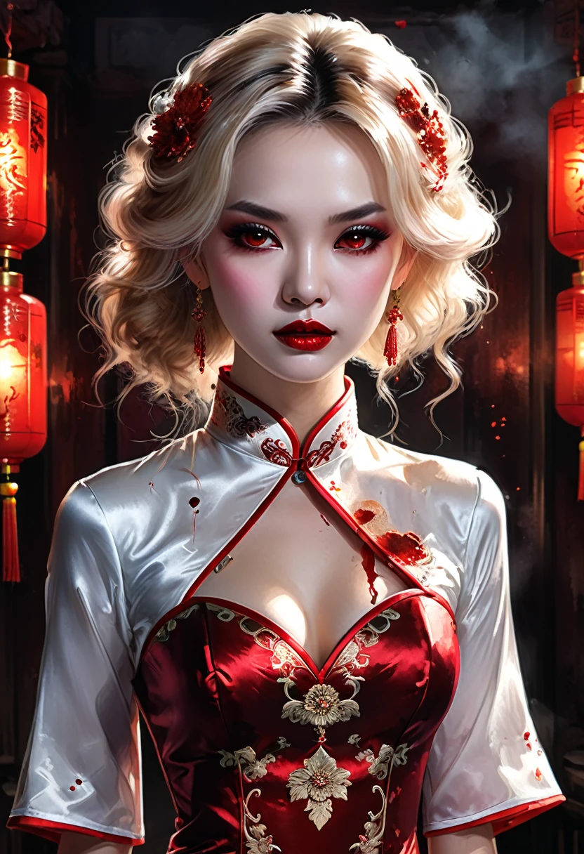 a beautiful female vampire wearing a ((blood stained: 1.5) white Cheongsam: 1.5), an extremely beautiful female vampire, ultra detailed face, blond hair, long hair, wavy hair, dark glamour make up, pale skin, red lips, (glowing red eyes: 1.2), visible (vampiric fangs: 1.2), she wears a ((blood stained white Cheongsam: 1.5)), elegant, intricate detailed Cheongsam, silk Cheongsam, small cleavage, ((Cheongsam is decorated with gems: 1.3)), she wears elegant knee high heeled boots, exquisite knee high heeled boots, there are stains of blood on the upper part of the dress, dynamic background, best details, best quality, highres, ultra wide angle, 16k, [ultra detailed], masterpiece, best quality, (extremely detailed), full body, ultra wide shot, photorealistic, fantasy art, dnd art, rpg art, realistic art, dark novel,