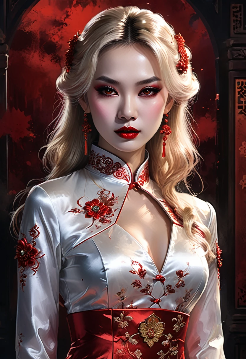 a beautiful female vampire wearing a ((blood stained: 1.5) white Cheongsam: 1.5), an extremely beautiful female vampire, ultra detailed face, blond hair, long hair, wavy hair, dark glamour make up, pale skin, red lips, (glowing red eyes: 1.2), visible (vampiric fangs: 1.2), she wears a ((blood stained white Cheongsam: 1.5)), elegant, intricate detailed Cheongsam, silk Cheongsam, small cleavage, ((Cheongsam is decorated with gems: 1.3)), she wears elegant knee high heeled boots, exquisite knee high heeled boots, there are stains of blood on the upper part of the dress, dynamic background, best details, best quality, highres, ultra wide angle, 16k, [ultra detailed], masterpiece, best quality, (extremely detailed), full body, ultra wide shot, photorealistic, fantasy art, dnd art, rpg art, realistic art, dark novel,