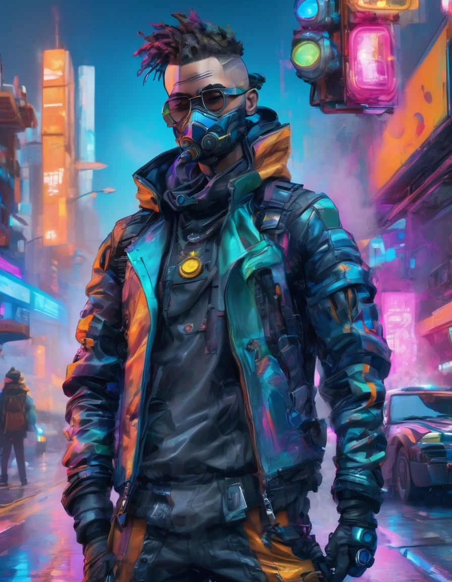 a badass cypunk man detailed , leaning on the wall, pose on a futuristic street next to a traffic light , ((holding a smoke)) with a vibrant color , high enlightenment , refined quality , High definition , super fine detailed ,Sharp details in 32k resolution, without a helmet