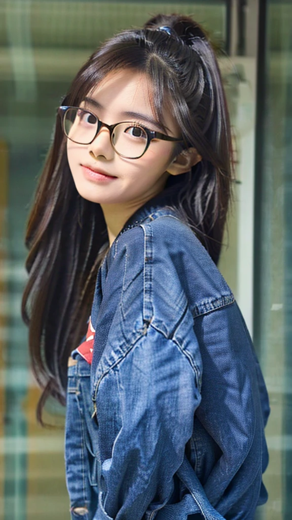 Cute dark skin toned Chinese girl wearing glasses, extremely detailed face, extremely detailed eyes, wearing tight jeans shorts