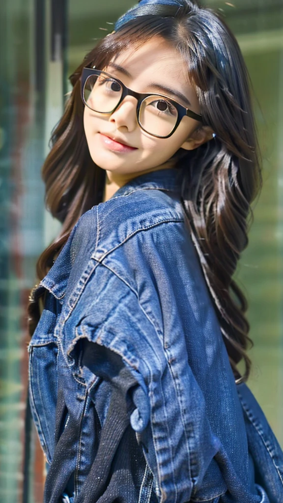 Cute tan Chinese girl wearing glasses, tight jeans, extremely detailed face, 