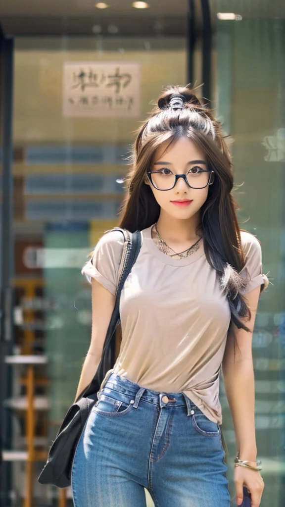Cute dark skin toned Chinese girl wearing glasses, extremely detailed face, extremely detailed eyes, wearing tight jeans shorts