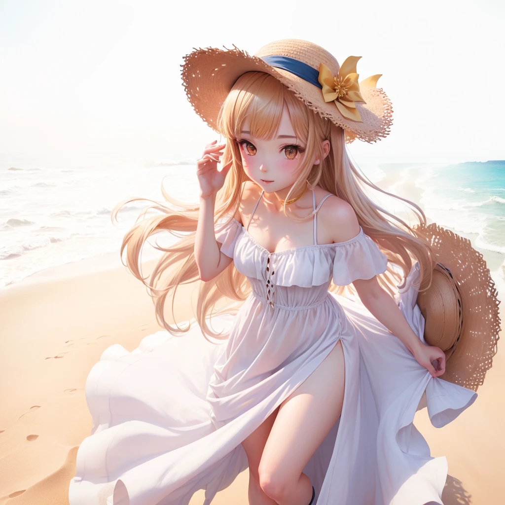 anime - style image of a woman in a dress and hat on the beach, in dress, , succubus in sundress portrait, full body portrait of a short!, with straw hat, commission for high res, cute anime waifu in a nice dress, flat anime style shading, thicc, oc commission, full body!