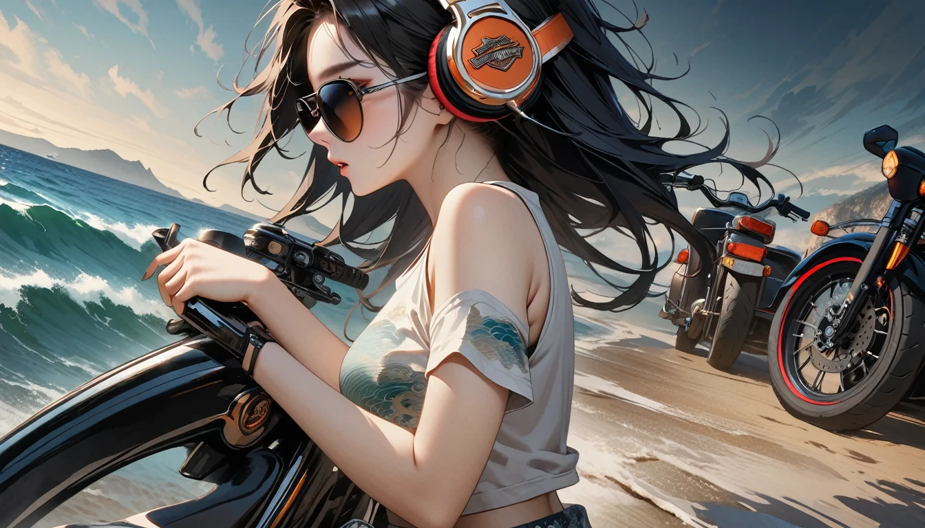 ((8k of extremely detailed CG unit, Masterpiece, high resolution, highest quality, highest quality real texture skin)), (((from side))), (((Drive a Harley-Davidson))), (((Road with a view of the sea))), (Japanese pattern T-shirt,Japanese pattern shorts), (((Japanese style headphones))), (((sunglasses))), ((1 girl)), (Black hair, messy hair, beige skin), (surreal, digital painting)