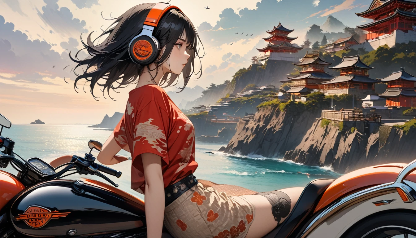 ((8k of extremely detailed CG unit, Masterpiece, high resolution, highest quality, highest quality real texture skin)), (((from side))), (((Drive a Harley-Davidson))), (((Road with a view of the sea))), (Japanese pattern T-shirt,Japanese pattern shorts), (((Japanese style headphones))), (((sunglasses))), ((1 girl)), (Black hair, messy hair, beige skin), (surreal, digital painting)