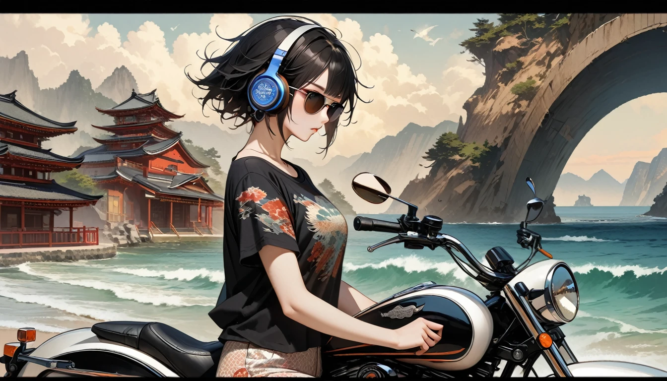 ((8k of extremely detailed CG unit, Masterpiece, high resolution, highest quality, highest quality real texture skin)), (((from side))), (((Drive a Harley-Davidson))), (((Road with a view of the sea))), (Japanese pattern T-shirt,Japanese pattern shorts), (((Japanese style headphones))), (((sunglasses))), ((1 girl)), (Black hair, messy hair, beige skin), (surreal, digital painting)