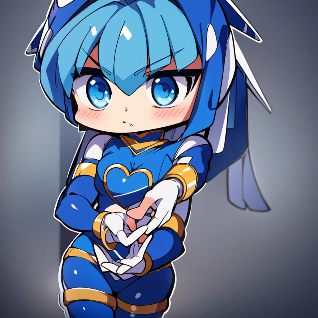 Leviathan_Megamanz, 1 Girl, looking at viewer, blue hair, Blue eyes, Simple background , Blushed , , Wedding ring, Glasses, chibi, Poster in hands , Animated heart in hands