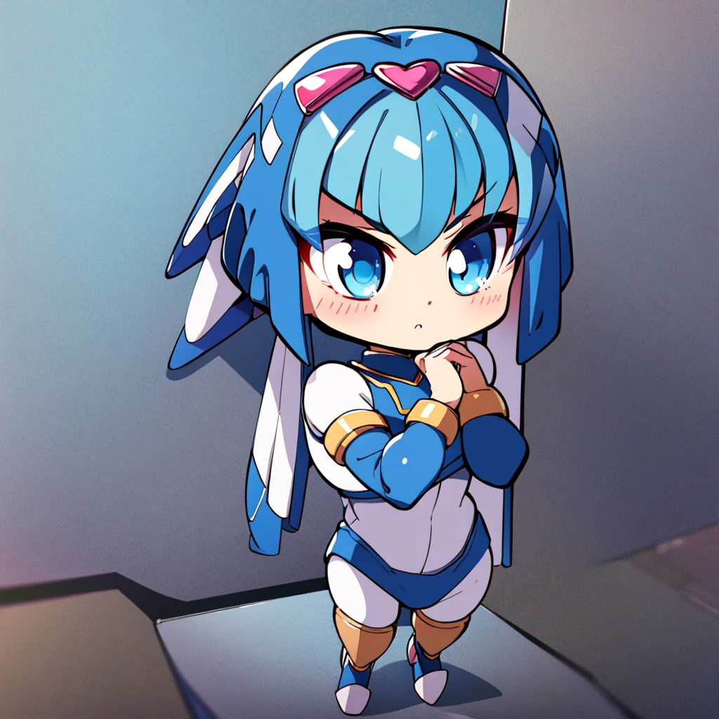 Leviathan_Megamanz, 1 Girl, looking at viewer, blue hair, Blue eyes, Simple background , Blushed , , Wedding ring, Glasses, chibi, Poster in hands , Animated heart in hands