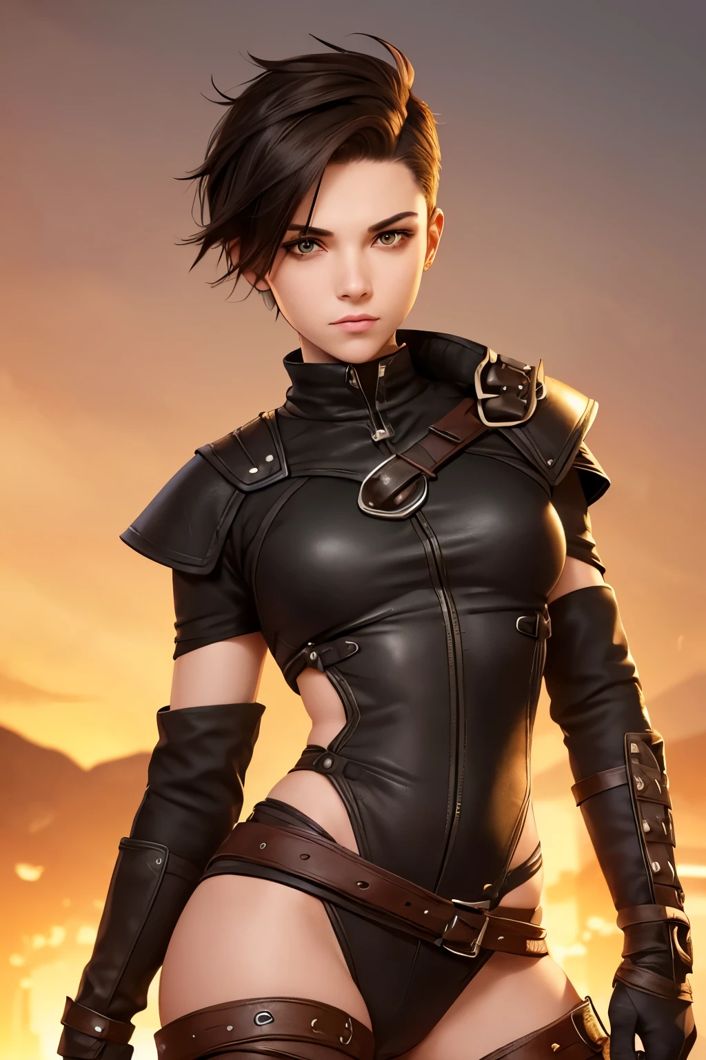 A happy young female rogue with an undercut in a fantasy setting. A rogue. Very androgynous looking. In a good mood. Sympathic. Tomboyish. Androgynous. Slim body. Very . Very small breasts. Wide hips. Thick legs. Face: Extremly pale skin with liverspots and freckles. Soft narrow face with a round chin. Soft small jaw. Big forehead. Very thin barely visible eyebrows. Upturned big dark-brown eyes. Dark-brown eyecolour. Very long and wide nose. Big curved lips. Very short dark-brown hair. A boyish short haircut. Undercut. Sides shaved. A tight outfit of a rogue. Background: Hot day in a big fantasy medieval city.
