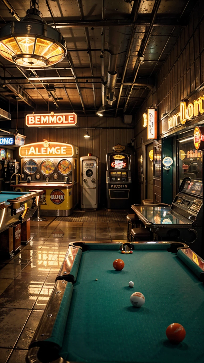 Create an ultra-high definition, hyper-realistic image that transports viewers to a vintage 60s American garage. The scene should be meticulously detailed, capturing the essence of the era with: A checkered floor that gleams under professional lighting, reflecting the neon signs above. A pool table with worn leather pockets and vintage billiard balls, bathed in the glow of retro lighting. Arcade machines displaying classic games like pinball and Pac-Man, their screens softly illuminated. Vintage food machines adorned with old-fashioned logos, suggesting a time when soda pop and candy bars were a dime. Old advertising signs with faded colors and weathered edges, promoting brands from a bygone era. Neon signs buzzing with life, casting a warm, nostalgic glow across the scene. Rusty oil cans and a weathered tool cabinet, their surfaces textured with years of use. Classic motorcycles parked in a corner, their chrome accents catching the light. Retro lighting fixtures emitting a soft, ambient glow, with subtle smoke hanging in the air, catching the light rays. Slot machines from old casinos, their flashing lights and intricate detailing adding to the ambiance. Ensure every detail, from the texture of the pool table felt to the scratches on the arcade machine screens, is meticulously rendered to evoke the spirit of the 1960s American garage. The image should be in sharp focus, with vivid colors that bring each element to life, capturing the nostalgia and authenticity of the time period.