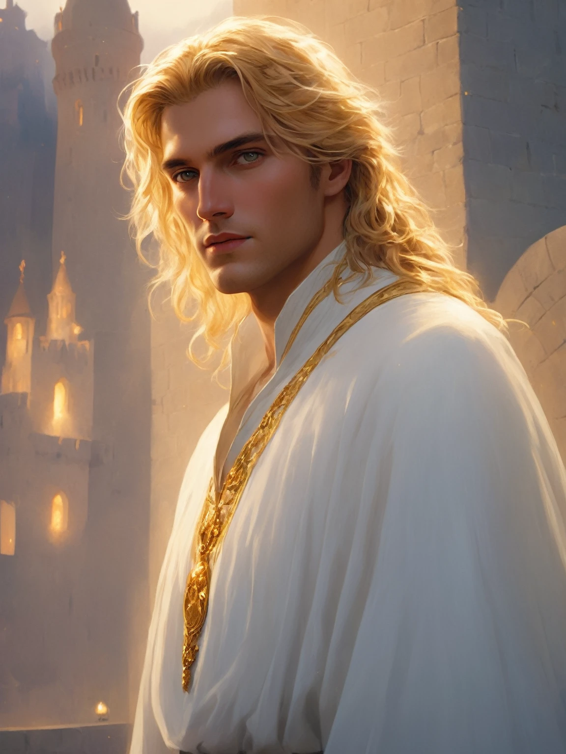 ((best quality),(masterpiece),(detailed),a man with golden hair and yellow eyes, dressed in white clothes, castle behind,beautiful,(cinematic),(dramatic lighting),(digital painting),(photorealistic),(ultra-realistic),(hyper detailed),(epic),(fantasy),(cinematic composition),(heroic pose),(dramatic), (perfect eyes)