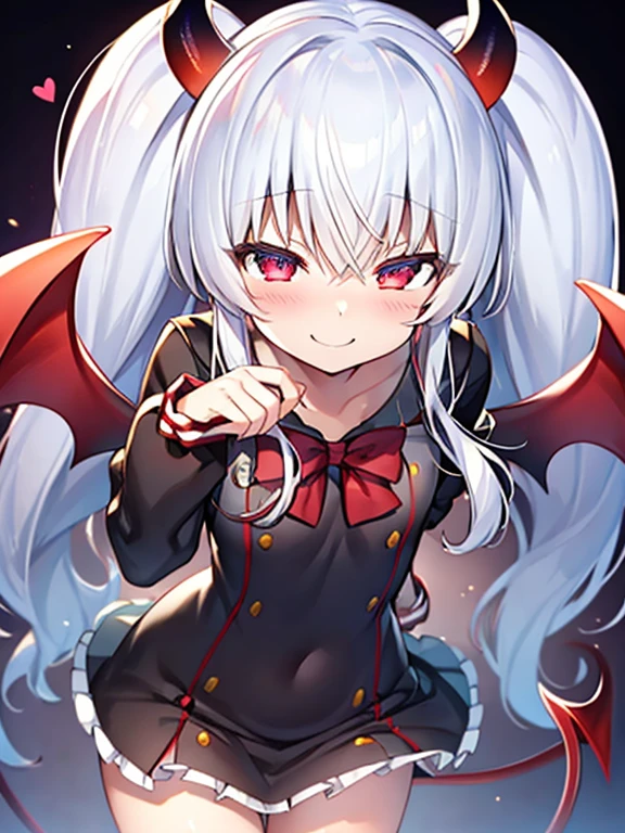 (grim aloe), cuernos de demonio, alas de demonio, cola de demonio, vestido negro, pose dinámica, De pie, (grim aloe), demon horns, demon wings, demon tail, black dress, dynamic pose, standing, evil smile, blush, stylish pose, (masterpiece), (best quality), (ultra-detailed), (illustration), (an extremely delicate and beautiful), game cg, beautiful eyes, heart-shaped eyes, dynamic angle, intense angle, zettairyouiki, 