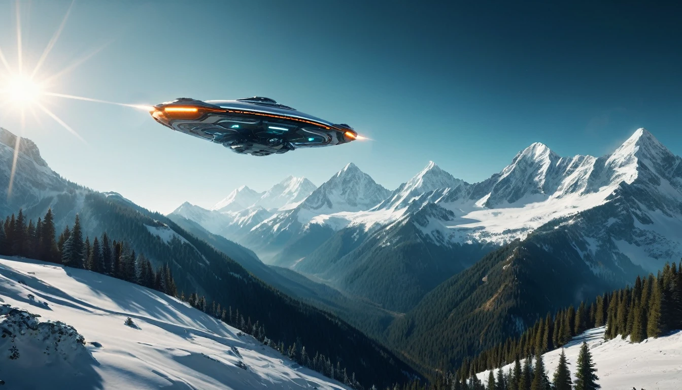 "A cinematic scene of a majestic mountain landscape with snow-capped peaks and dense forests in the valleys. In the center of the image, three futuristic spaceships fly in formation, with engines glowing bright orange (#FF4500). The lighting is natural and soft , with sunlight filtered through voluminous white clouds in the clear blue sky (#87CEEB). The composition uses the rule of thirds, with mountains occupying the upper left and right, creating a visual balance with the spaceships centered in the third. higher.
The camera used appears to be an ARRI Alexa 65, providing high resolution and cinematic depth of field. The lens is a wide angle, capturing the vastness of the landscape and the grandeur of the mountains. The color palette is naturalistic, with shades of green (#228B22) in the forests, brown (#8B4513) in the soil, and blue-gray (#708090) in the snowy mountains.
Cinematic light is soft and diffuse, creating soft, realistic shadows that add depth to the scene. There is a faint blue lens flare (#ADD8E6) visible in the sky, adding a touch of realism to the composition. The houses and villages in the valley have earthy tones (#D2B48C), harmonizing with the natural landscape around them.
The overall atmosphere is a fusion of pristine nature and advanced technology, creating a striking visual contrast and a sense of futuristic wonder."hyper realistic composition,32k resolution,cinematic composition,cinematic color grading.