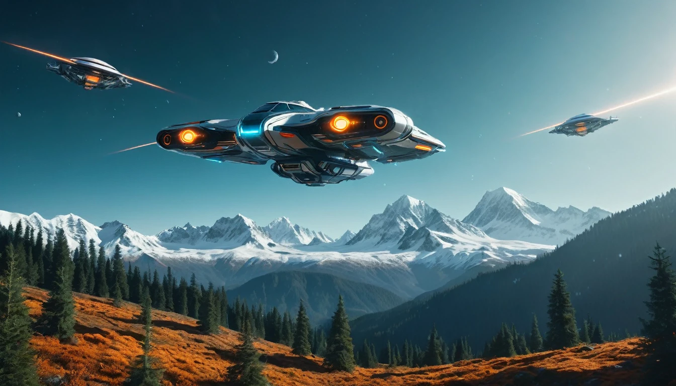"A cinematic scene of a majestic mountain landscape with snow-capped peaks and dense forests in the valleys. In the center of the image, three futuristic spaceships fly in formation, with engines glowing bright orange (#FF4500). The lighting is natural and soft , with sunlight filtered through voluminous white clouds in the clear blue sky (#87CEEB). The composition uses the rule of thirds, with mountains occupying the upper left and right, creating a visual balance with the spaceships centered in the third. higher.
The camera used appears to be an ARRI Alexa 65, providing high resolution and cinematic depth of field. The lens is a wide angle, capturing the vastness of the landscape and the grandeur of the mountains. The color palette is naturalistic, with shades of green (#228B22) in the forests, brown (#8B4513) in the soil, and blue-gray (#708090) in the snowy mountains.
Cinematic light is soft and diffuse, creating soft, realistic shadows that add depth to the scene. There is a faint blue lens flare (#ADD8E6) visible in the sky, adding a touch of realism to the composition. The houses and villages in the valley have earthy tones (#D2B48C), harmonizing with the natural landscape around them.
The overall atmosphere is a fusion of pristine nature and advanced technology, creating a striking visual contrast and a sense of futuristic wonder."hyper realistic composition,32k resolution,cinematic composition,cinematic color grading.