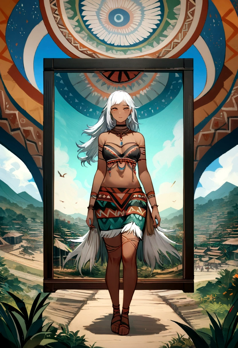(((whole body))) indigenous woman, best qualityer, very high resolution, Detailed CG in 4K, work of art, White hair, amazon brazil, indigenous, indigenous tribes, indigenous city, forst, Aesthetics, Beautiful picture, centered on screen