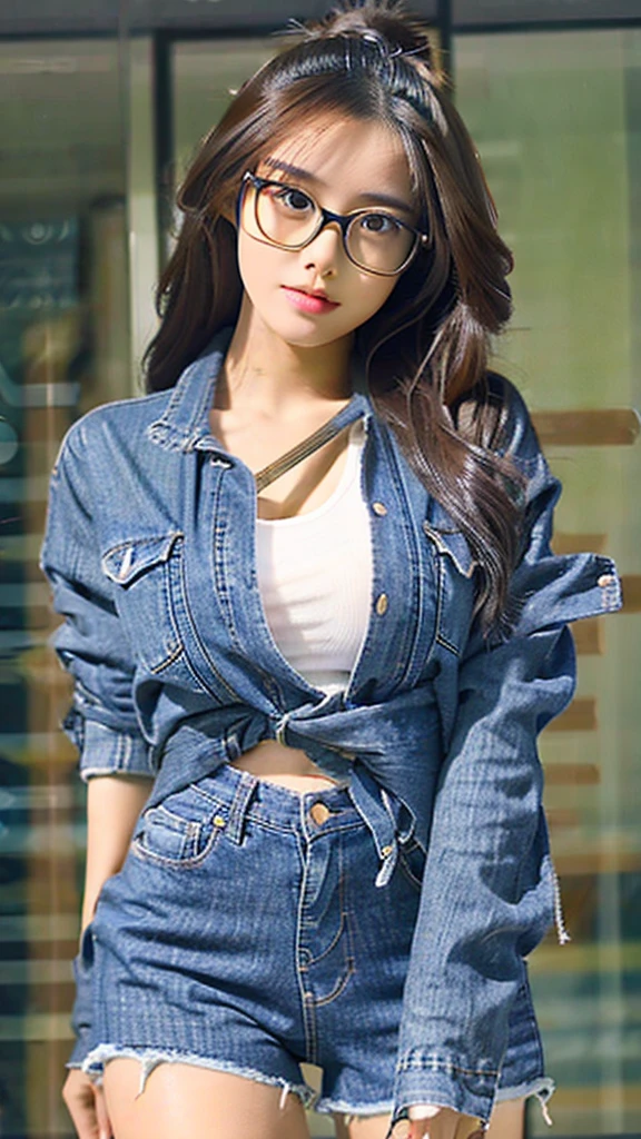 Cute dark skin toned Chinese girl wearing glasses, extremely detailed face, extremely detailed eyes, wearing tight jeans shorts