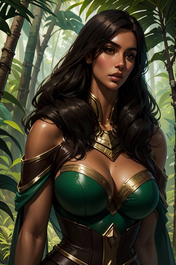 kim kardashian, ((Beautiful )), hourglass figure, large breasts, brown eyes, black hair, seductive face, tan skin, brown leather fur, green cape, jungle queen, Amazons, jungle, fantasy theme, masterpiece, best quality, ultra detailed, realistic