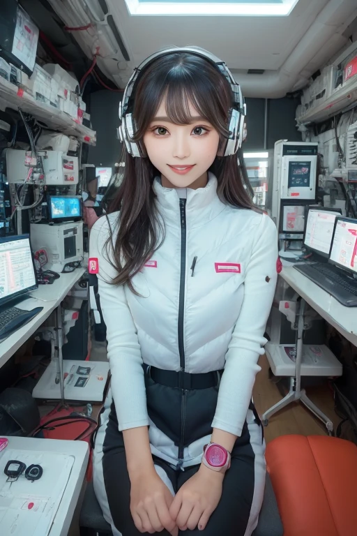 masterpiece, Highest quality, Very detailed, 8K Portrait,Japanese Android Girl,plump , Control panel,Robotic arms and legs, Blunt bangs,,break (Metallic Gray, Metallic luster, Mirror finish, Astro Best):5,headphone:5,break (Black sleeves):100,Smart Watches,Futuristic space station,Control Room,break headphone,blue eyes,(Black Hair):2,(Long Hair):1.3,Displaying the viewer,(respirator),break blush:3,Hidden Hand,smile