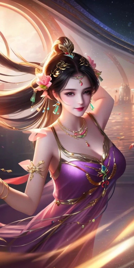 best quality, masterpiece, highres, 1girl, transparent silk china dress, beautiful face, hair ornament, looking at viewer, smile, closed mouth,lips, dress,hair ornament, necklace, jewelry, long hair, earrings, Beautiful face,upon_body, tyndall effect,photorealistic, dark studio, rim lighting, two tone lighting,(high detailed skin:1.2), 8k uhd, dslr, soft lighting, high quality, volumetric lighting, candid, Photograph, high resolution, 4k, 8k, Bokeh