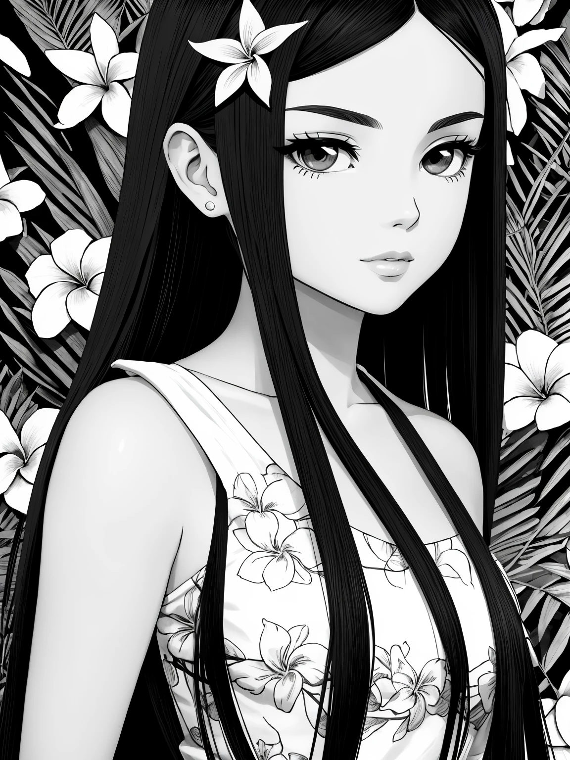 black and white simple drawing, 1 girl with plumeria flowers in the background,((Alone)),((Shoulder length straight long bob hair)), small head,small face,small breasts,ta in floral skirt, Its exquisite ink line art, Manhwa Style, Portrait of Polynesian girl, Marilyn Monroe, Hollywood glamour, beautiful line art, black and white manga style, Manhwa Style, comic artstyle, pencil and ink manga, black and white coloring,line art,