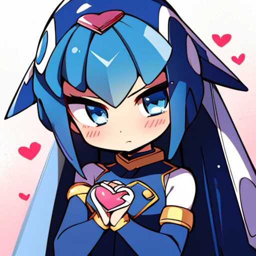 Leviathan_Megamanz, 1 Girl, looking at viewer, blue hair, Blue eyes, Simple background , Blushed ,  , Wedding ring, Glasses, chibi , Animated heart in hands 